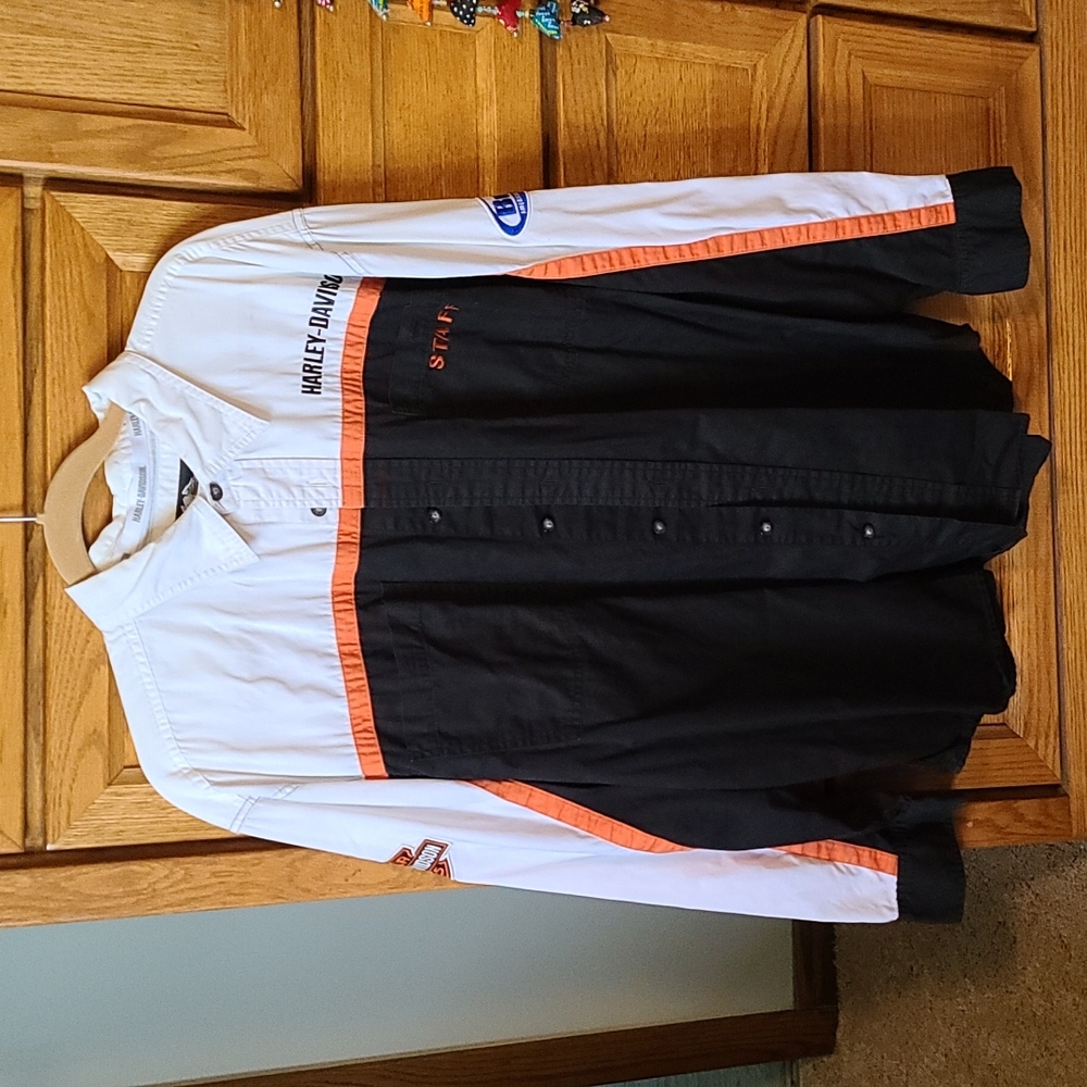 Men's XL Harley-Davidson long sleeve button down staff shirt black white & orang